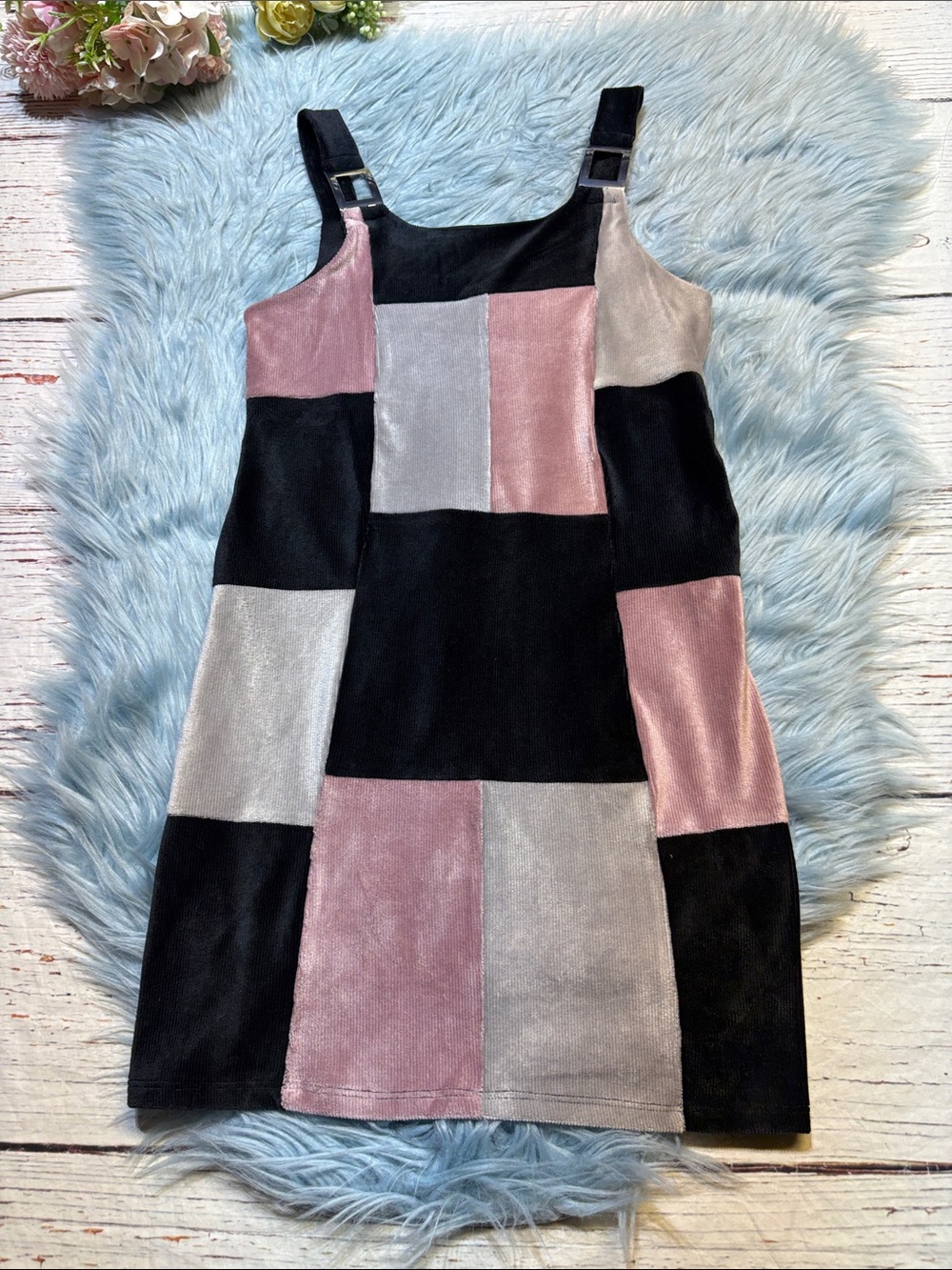 NWT Beautees Girls Colorblock Velvet Pinafore Dress - Black, Pink & Gray sz 8